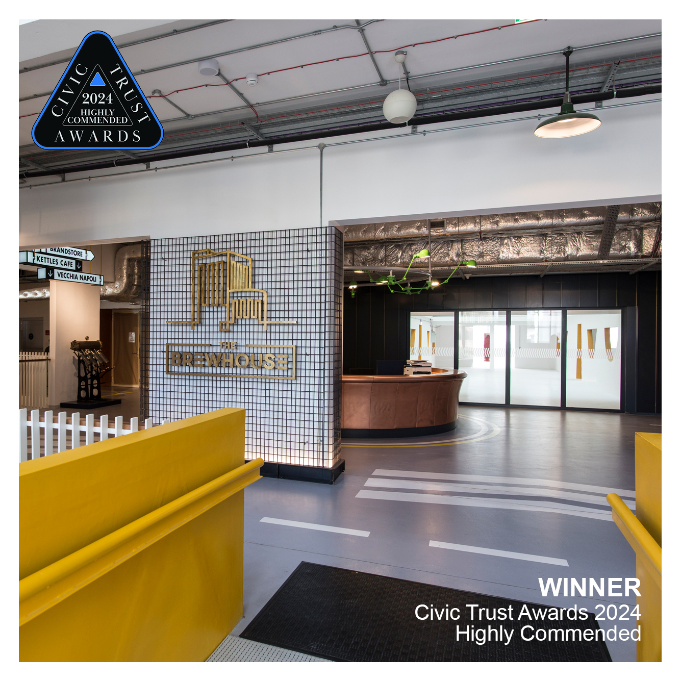  Lobby area of The Brewhouse, featuring modern industrial design, awarded Highly Commended in the Civic Trust Awards 2024