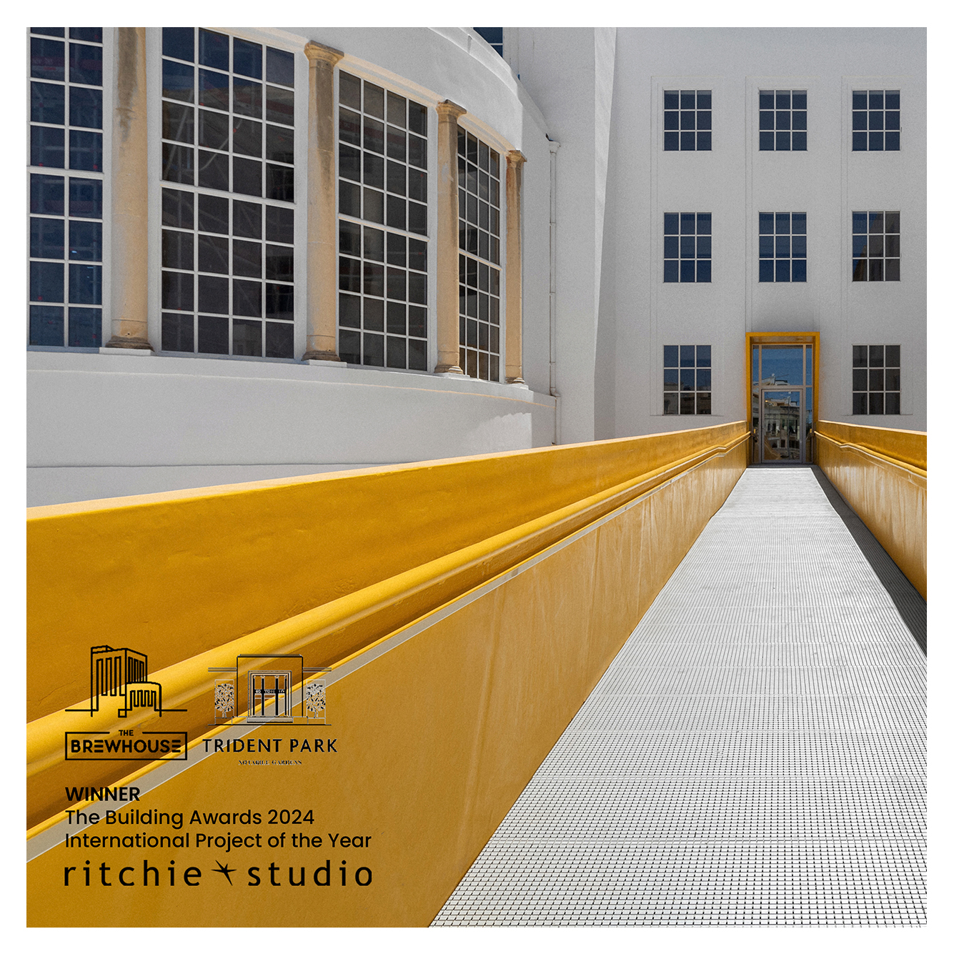 The entrance to The Brewhouse, showcasing award-winning Art Deco architecture and contemporary design by Ritchie Studio, The Building Awards 2024 International Project of the Year